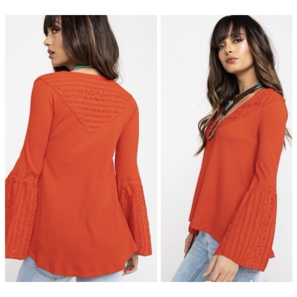 Free People Womens Parisian Nights Top Small Red Embroidered Boho Bell Sleeve - Picture 2 of 8